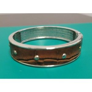 Vintage Silver Tone Faux  Brown Leather Hinged Clamper Bangle Bracelet VTG MOD